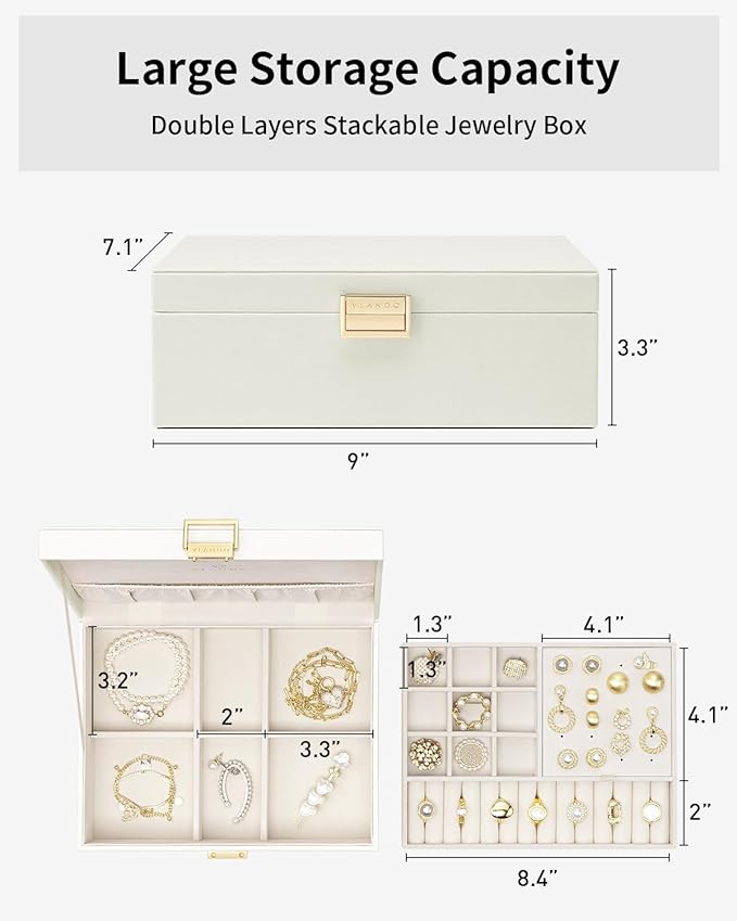 VLANDO Jewelry Box for Women, Gift for Women Girls,2 Layer Jewelry Box,Large Jewelry Organizer for Women Removable Jewelery T