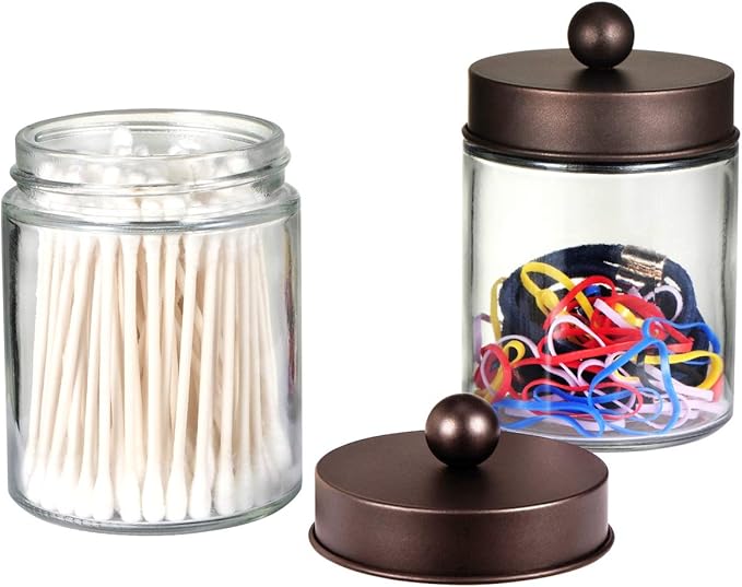 Amolliar 4Pc Apothecary Jars Bathroom Vanity Storage Organizer Set -Countertop Canister with Stainless Steel Lids &Cute Stick
