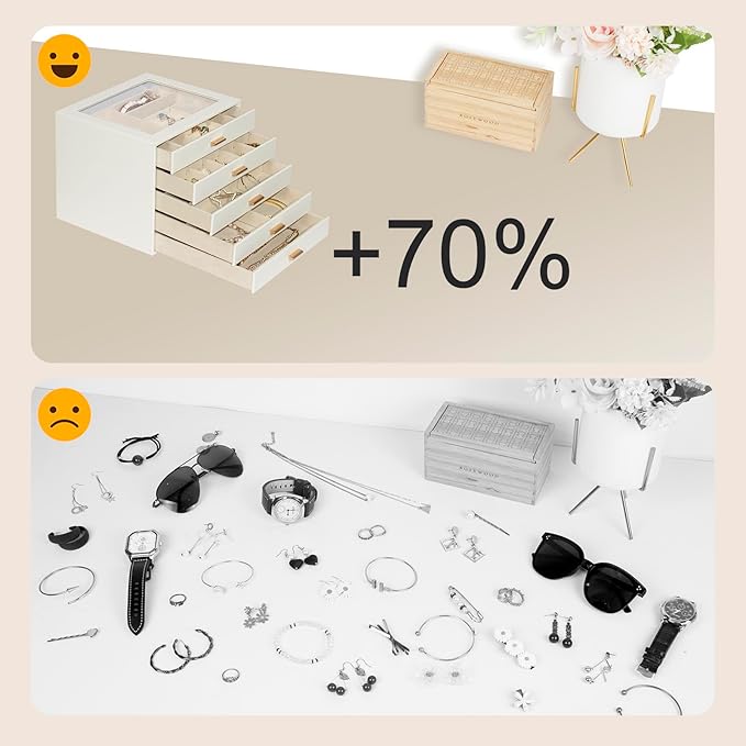 Jewelry Box with Glass Lid, 5-Layer Jewelry Organizer for Women Girls, PU Leather Display Case with 20-Grid Earring Tray & Mo