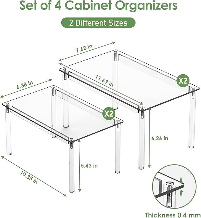 4 Pack Lazy Susan Organizer, Clear Lazy Susan Turntable, Set of 4 Acrylic Cabinet Organizer Shelf, Stackable Cabinet Riser fo