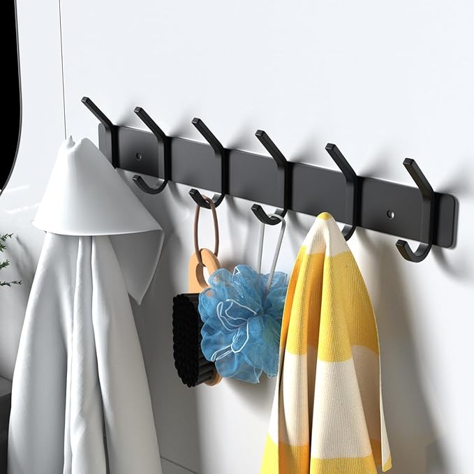 VAEHOLD Wall Hooks Coat Hooks Wall Mounted, Coat Rack with 6 Double Hooks for Hanging Towel Hat Coat Robe Bag Key for Bathroo