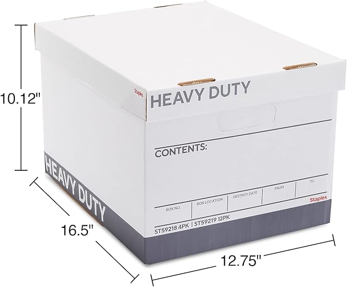 Staples Storage & Filing Box, Heavy-Duty with Handles & Removable Lid, Letter & Legal Size Documents, Stackable, 12-Pack, Whi