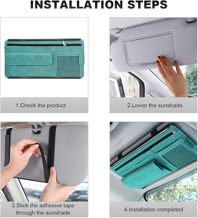Car Sun Visor Organizer, Leather Sun Visor Pocket Organizer Case with Multi-Pocket Net Zipper, Suede Note Holder Car Visor Storage Pouch for Card Pen Sunglasses Document (Blue)