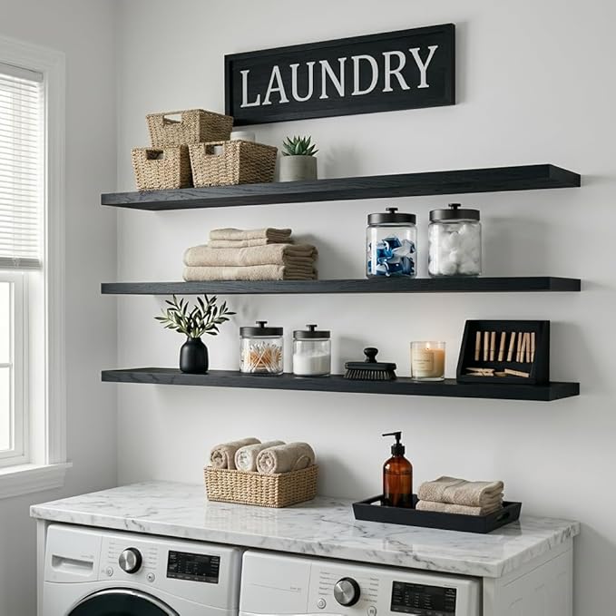 IEO Long Wooden Floating Shelves for Room Wall, Natural Wood Floating Shelves Wall Mounted Kitchen Shelf for Living Room, Bed