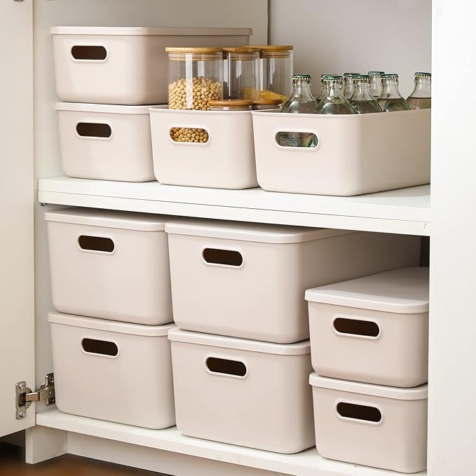 Yishyfier Plastic Storage Baskets With Lid Organizing Container Lidded Knit Storage Organizer Bins for Shelves Drawers Deskto