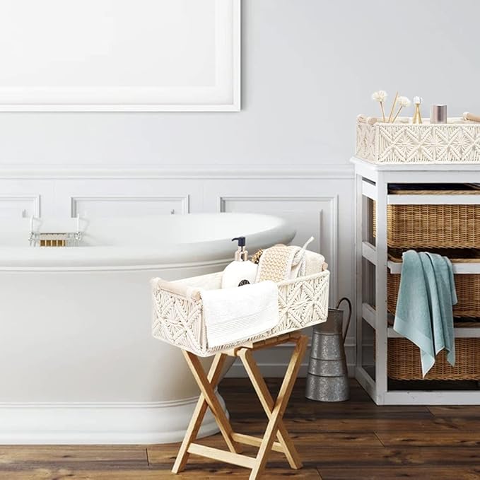 HOSROOME Macrame Storage Basket Boho Decor Baskets for Organizing Woven Decorative for Countertop Toilet Paper Basket for Tan