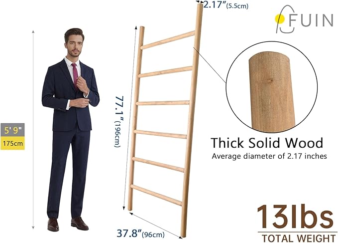FUIN 6.4ft Extra Wide Wood Blanket Ladder Living Room Decorative Wall Leaning Farmhouse Quilt Display Holder Rustic Wooden To