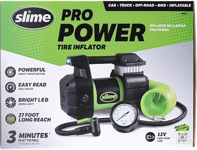 Slime 40031 Tire Inflator, Portable Car, SUV, 4x4 Air Compressor, Pro Power, Heavy Duty, with Analog 150 psi Dial Gauge, Long Hose and LED Light, 12V, 3 min inflation