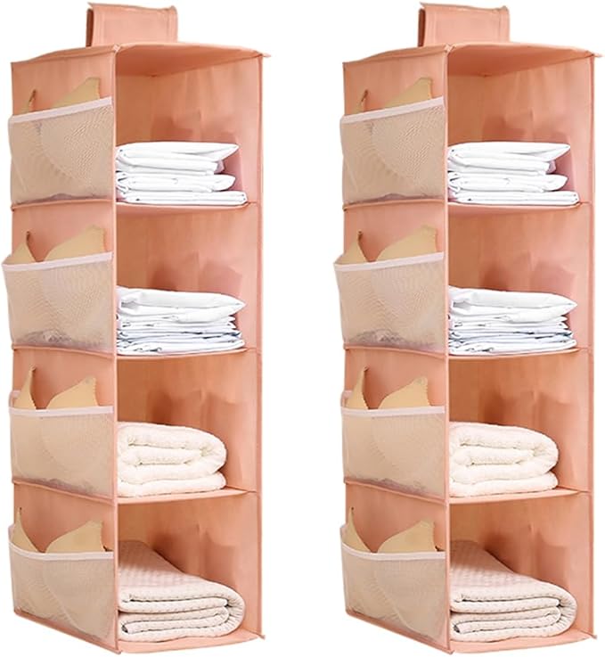 Hanging Closet Organizer, 4-Section Storage Shelves, Oxford Cloth with Mesh Pockets, (Pink, 4 Section)