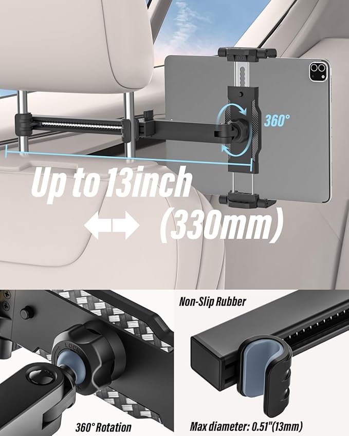 woleyi Car Headrest Tablet Holder, [Large Clamp] [Thick Case Friendly] Tablet Mount for Car Back Seat, Road Trip Essentials for Kids Accessories, for iPad Pro Air Mini, Galaxy, Fire HD, 6-15.6" Device