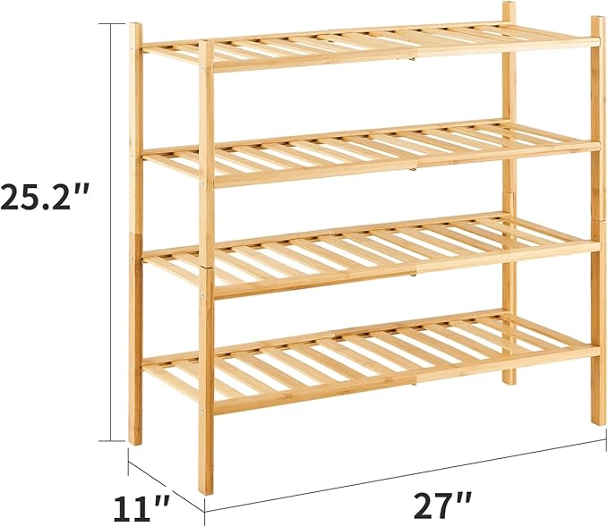 4-Tier Bamboo Shoe Rack for Entryway, Stackable | Heavy Duty | Multi-Function, Free Standing Shoe Racks for Bedroom Hallway C
