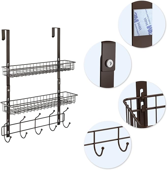 OYEAL Over The Door Hook Rack with 5 Hooks 2 Baskets Steel, Sturdy Durable Coat Rack Towel Hooks Hanging Organizer Shelves fo