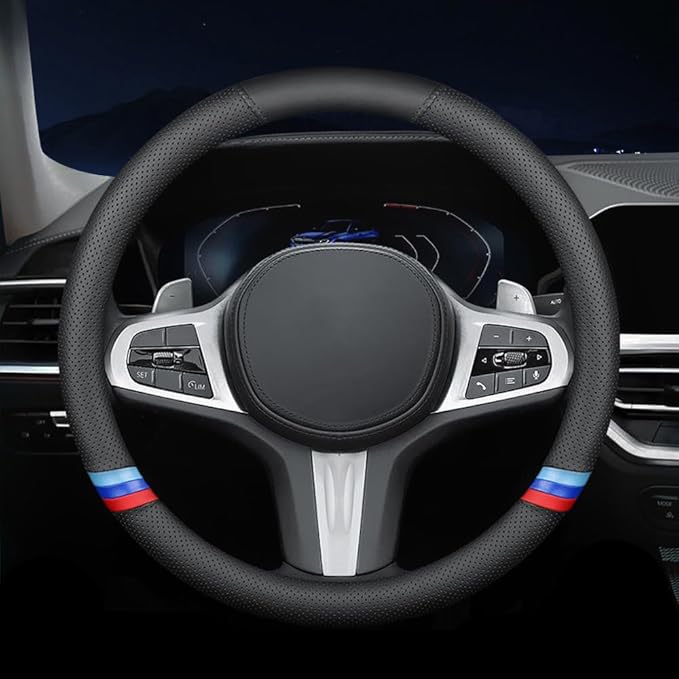 New Nappa Leather Car Steering Wheel Cover, Comfortable, Non-Slip, Sporty Style. for BMW Car Steering Wheel Covers. Black and
