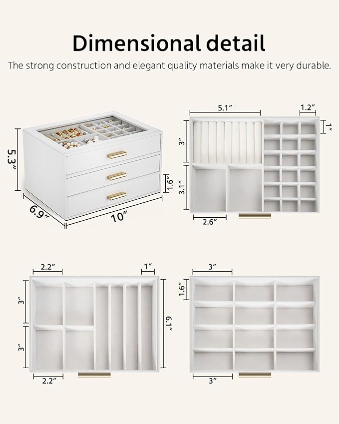 AKOZLIN Jewelry Box with Clear Lid Functional Leather Jewelry Storage Organizer Case 3 Drawers for Women Girls Necklace Ring 