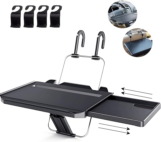 2 in 1 Comapct Steering Wheel Desk Headrest Tray for Writing, Eating, and Working,Tablet or Drink Black Accessory for Road Trips and Business Travel, SD-1508C