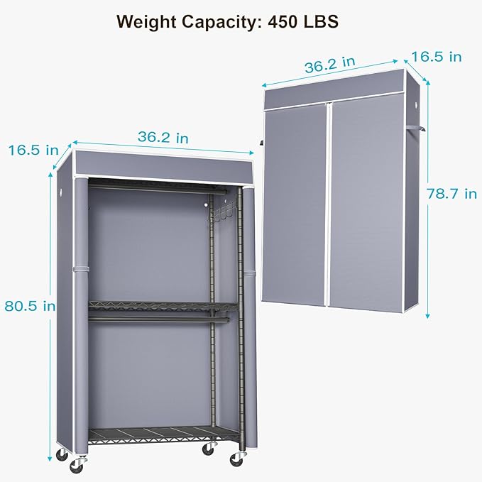 FUTASSI Black Clothing Rack with Grey Cover, P1C Rolling Closets with Wheels, Metal Garment Rack for Hanging Clothes, Clothin