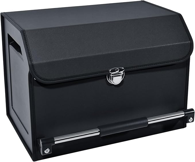 XCF Car Trunk Organizer, Leather Trunk Organizer with Lid and Push-pull Handle Car Storage Box for SUV, Minivan, Sedan (Black)