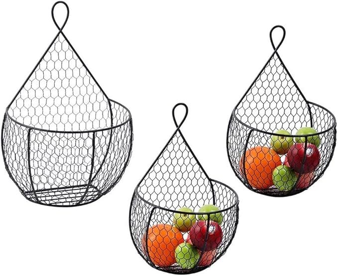 ERYTLLY Metal Fruit And Vegetable Storage Hanging Basket Wall Mounted, Hanging Basket For Kitchen Black Wire Baskets for Flow