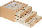 Jewelry Box with Glass Lid, 3-Layer Jewelry Organizer for Women Girls, PU Leather Display Case with 20-Grid Earring Tray & Mo