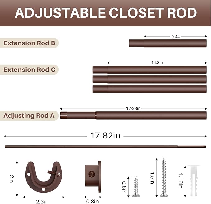 Closet Rod - Closet Rods for Hanging Clothes, 17 to 82 inch Adjustable Closet Hanging Rod, Heavy Duty Clothes Rod Clothing Ba