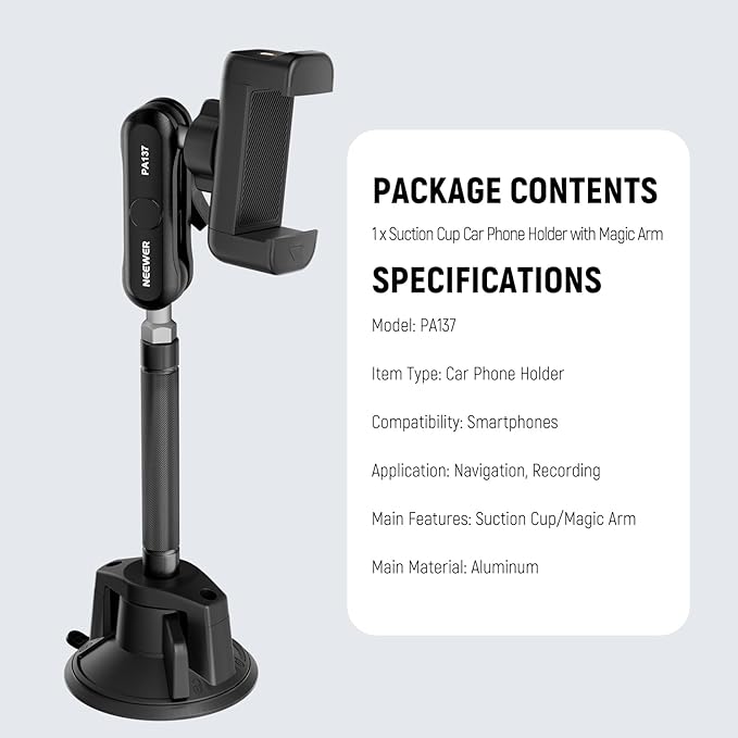NEEWER Phone Holder for Your Car, 360° Rotating Vacuum Suction Cup Metal Cell Phone Mount Extended Magic Arm Compatible with iPhone Samsung for Windshield Skylight Navigation Video Recording, PA137