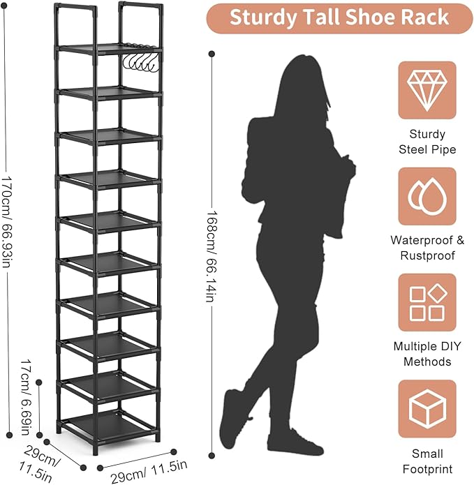 LANTEFUL Tall Narrow Shoe Rack for Entryway, 10-Tier Sturdy Metal Shoe Shelf Storage 10-15 Pairs of Shoes and Boots, Space Sa