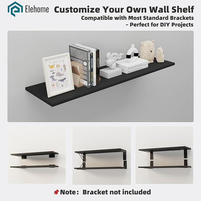Floating Shelf Board for Wall 5/8" – No Brackets – 36" L x 10" W x 0.6" T Black Melamine Wood Floating Shelves for Bathroom, 