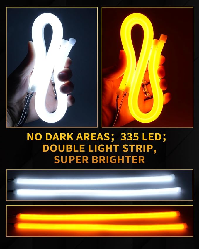 Qasim Sequential LED Strip, 12inch Car LED Flexible Strip Lights Turn Signal Switchback White/Amber Daytime Running Light for Headlights Retrofit-1Pair