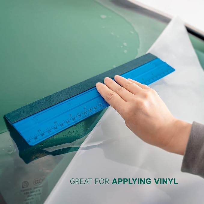 FOSHIO 12 Inch Felt Squeegee for Vinyl wtih Ruler 30CM 4 Round Corners Universal Card, Window Tint Film Installing Hard Blue PP Car Vinyl Wrap Scraper Tool