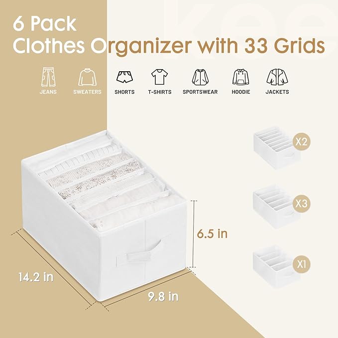 Criusia 6 Pack Large Clothes Organizer, Wardrobe Closet Organizer and Storage with Handles, Foldable Fabric Closet Organizers