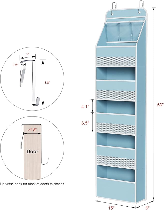 Univivi 6-Shelf Over Door Hanging Organizer Fabric Baby Door Storage with 5 Large Pockets and 3 Small PVC Pockets Wall Mount 