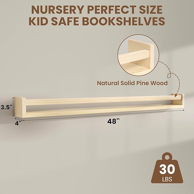 Fun Memories Nursery Book Shelves Set of 2, 48 Inch Solid Wood Wall Book Shelves, Kids Room Floating Shelves Organizer & Toy 