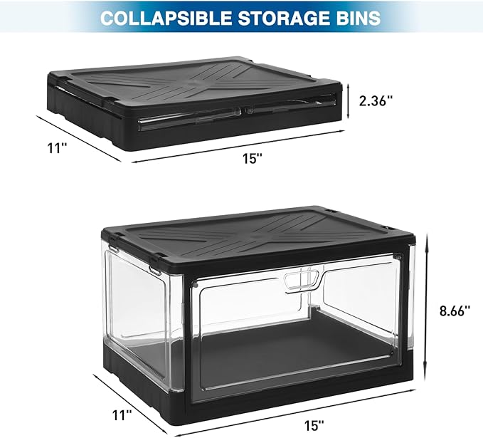 HYBRIDEAS 3-Pack Clear Stackable Storage Bins with Lids Magnetic Doors Open Front Foldable Folding Plastic Craft Containers L