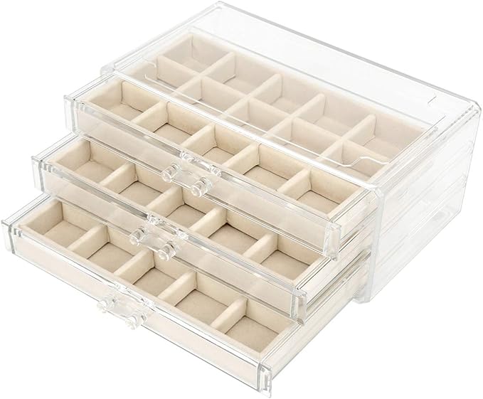 FEISCON Acrylic Jewelry Organizer Makeup Cosmetic Storage Organizer box Clear Jewelry Case with 3 Drawers Adjustable Jewelry 