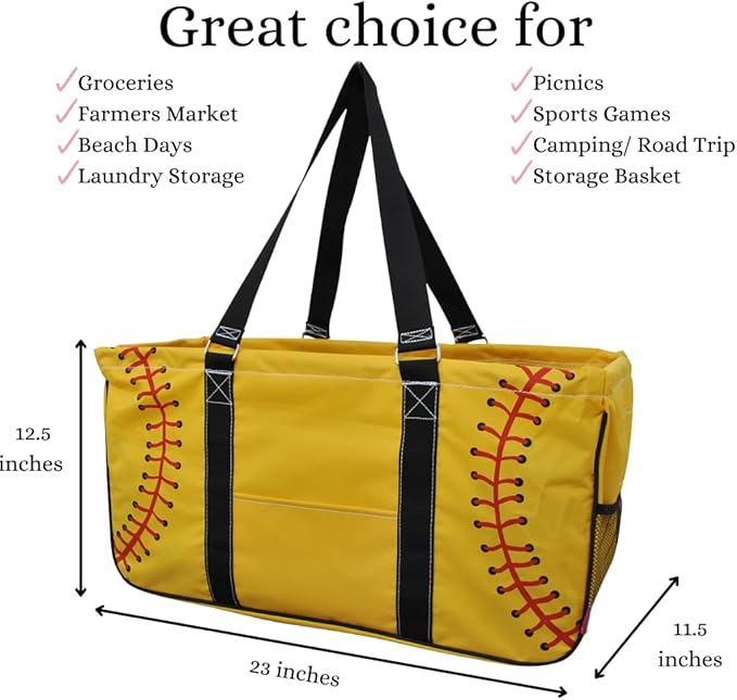 NGIL Extra Large Utility Tote Reusable Grocery Organizing Bag Oversized Collapsible for Storage, Picnic,Car, Beach (Softball-yellow)