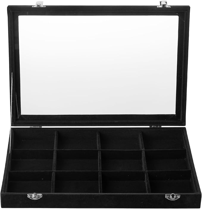 Frebeauty Velvet Jewelry Tray,12 Grid Jewelry Organizer with Clear Lid,Bracelets Holder,Jewelry Display Case with Clasp,Drawe