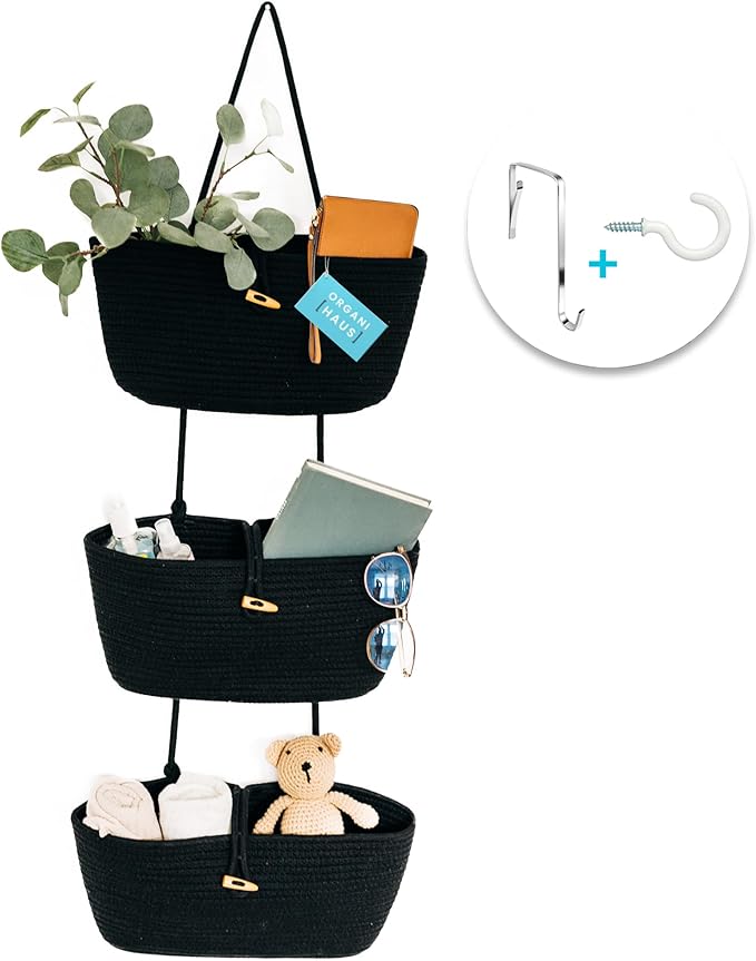 OrganiHaus Black Hanging Wall Baskets for Storage | Hanging Baskets for Bathroom Organizing | Behind Door Storage | Over the 