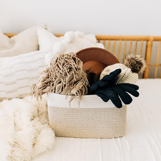 OrganiHaus Cotton Rope Basket for Shelf - Woven Storage Basket for Organizing, Closet & Toy Storage - Light Honey/Off-White -