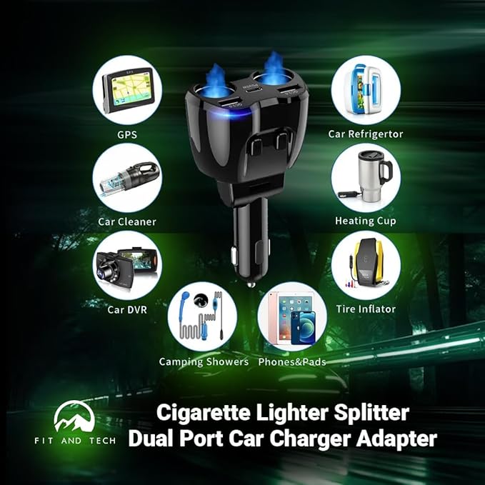 USB Car Charger Pro Combo 2 Sockets Cigarette Lighter Splitter 12/24V 80W Dual USB Type-C Ports Separate Switch LED Voltage Display Built-in Replaceable 10A Fuse Compatible Mobile Phone GPS Dash Cam