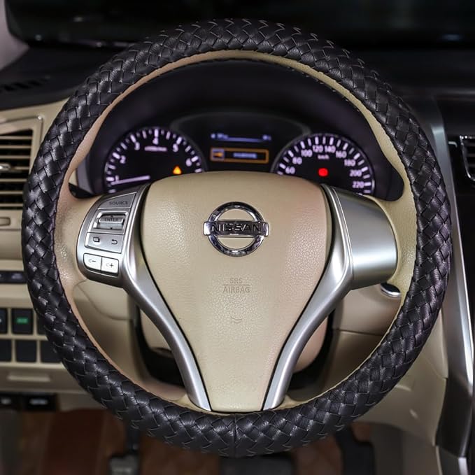 Carwales Car Leather Steering Wheel Cover Men Luxury Black Hand-Made Wrap Hand Woven Universal 14.5-15 Inch