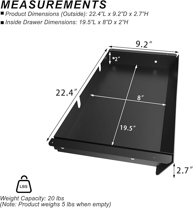 Large Under Desk Mounted Sliding Drawer with 2 Cable Hole and 60 Degree Tilt Panel to Pull Out, 22.4'' Long & 9.2'' deep Larg