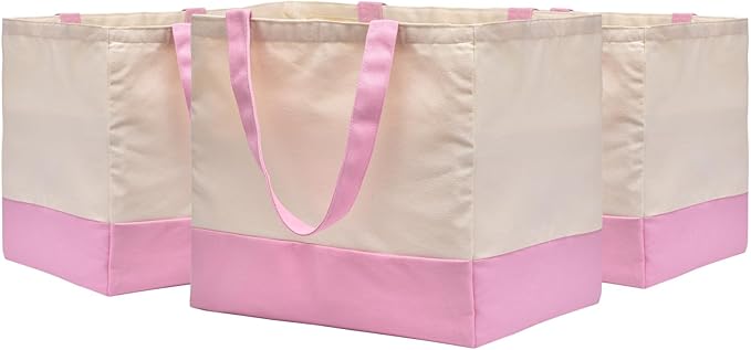 3 Pack Canvas Reusable Grocery Bags Heavy Duty, 8.3 gal Foldable Large Tote Bag with Handles, Holds 60 lbs Canvas Shopping Bags & Washable Eco-friendly Bags with 5 Pockets, Pink+Off white