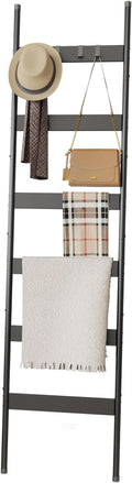 Blanket Ladder, 6-Tier Towel Holder with 4 Removable Hooks, Farmhouse Wall Leaning Decorative Rack Shelf, Wooden Towel Displa