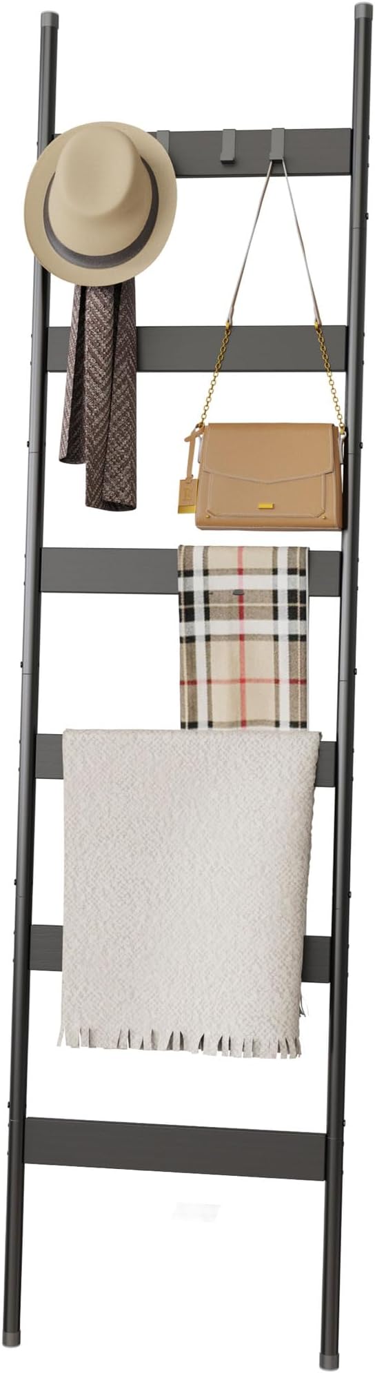 Blanket Ladder, 6-Tier Towel Holder with 4 Removable Hooks, Farmhouse Wall Leaning Decorative Rack Shelf, Wooden Towel Displa