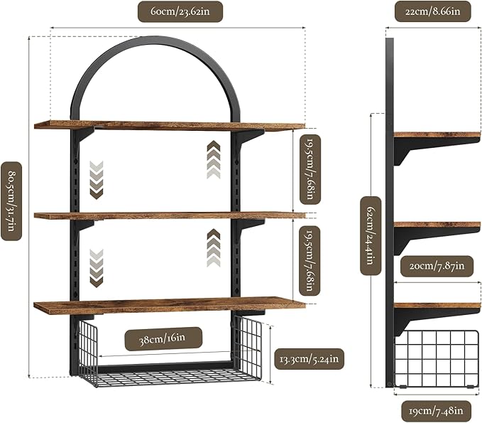 3 Tier Floating Shelf with Storage Baskets, Wall Mounted Bathroom Shelves Over Toilet, Wood Wall Shelves for Kitchen, Bedroom
