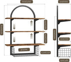 3 Tier Floating Shelf with Storage Baskets, Wall Mounted Bathroom Shelves Over Toilet, Wood Wall Shelves for Kitchen, Bedroom