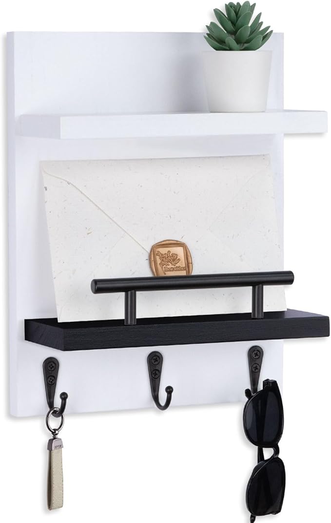Key Holder Wall Mount, Key Holder With 2 Display Shelf, 3 Hooks for Key, Coat, Dog Leash, Key Hanger with Hook for Mail, Pott