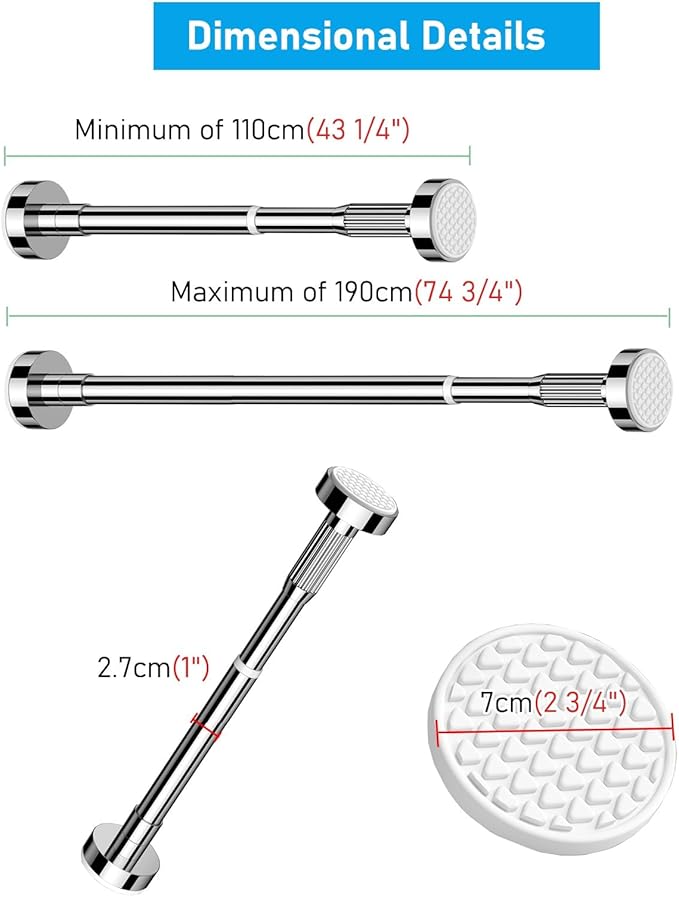 Adjustable Closet Rod with Pressure Mount - Telescopic Wardrobe Hanging Bar, No Drill, Space-Saving Extendable Rail for Cloth