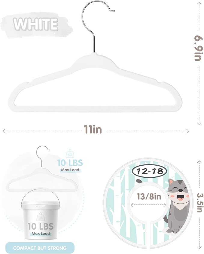 VIS'V Baby Hangers, 11 Inch Velvet Kids Hangers with 6 Pcs Clothes Size Dividers, Infant Toddler Nursery Closet Organization,