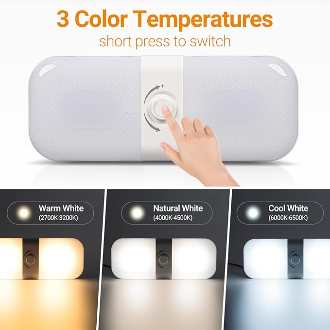 CT CAPETRONIX RV Lights Interior 1700LM, 3 Color TEM Camper Lights, Dimmable 12v Volt Led Lights Fixture, Ceiling Dome Light w Switch for Camper/Car/Trailer/Boat (Warm Cool Natural White) 2Pack